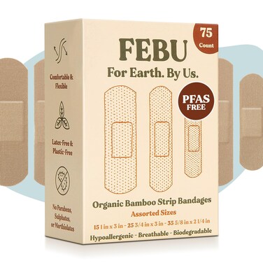 FEBU Eco-Friendly Organic Bamboo Fabric Bandages   PFAS Free Flexible Fabric Bandages   Latex Free Bandage   Natural Hypoallergenic Bandage for Scrapes, Cuts &amp; First Aid   75 Count Pack