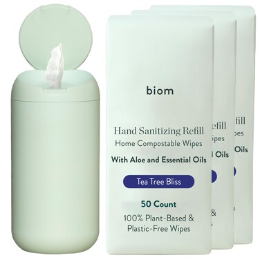 Dispenser + Hand Sanitizing Wipes Starter Kit - Biodegradable Kid-Safe Wipes   All Natural, Non-Toxic Plant-Based Hand Sanitizing Wipes with Aloe for Soft Skin (Sea Foam)