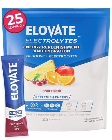 ELOVATE 15 - Electrolyte Drink Mix with 10 Grams of Glucose - Electrolyte Drink Powder Mix - Premiun Hydrating Powder Packets - Ideal to Hydrate &amp; Replenish Glucose Levels(Fruit Punch, Pack of 25)