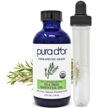 PURA D'OR ORGANIC Tea Tree Melaleuca Essential Oil (4 Oz with Glass Dropper) 100% Pure &amp; Natural Therapeutic Grade For Hair, Body, Skin, Scalp, Aromatherapy Diffuser, Cleansing, Purify, Home, DIY Soap