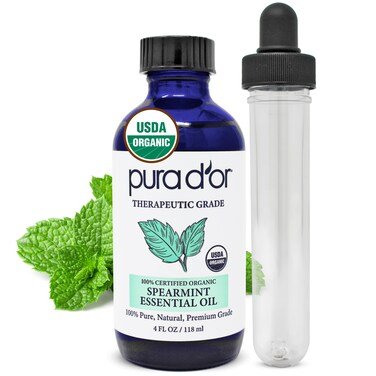 PURA D'OR Organic Spearmint Essential Oil (4oz with Glass Dropper) USDA Certified 100% Pure &amp; Natural Therapeutic Grade Diffuser for Aromatherapy, Focus, Concentration, Mood Uplift
