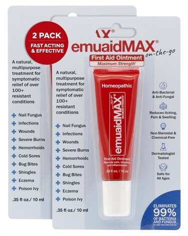 EMUAIDMAX First Aid Homeopathic Ointment, Natural Fast-Acting Topical Ointment for Resistant Skin Conditions, Reduces Itching, Pain, and Swelling, On-The-Go Travel Size, 0.35oz, 2 Pack