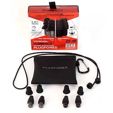 Plugfones Dynamics High Fidelity Earplugs and Full 29 NRR Earplugs 2 Pair Set for Concerts Musicians Shooting and More with Carabiner Pinch case and Removable Comfort Connector Cable