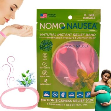 NOMO Nausea Bands Soothing scents Pregnancy Bracelet   Motion Sickness Band with Peppermint Aromatherapy and Acupressure reliefband   Medium to Large Waterproof Sea-Band Mama   Pink   Pack of 2