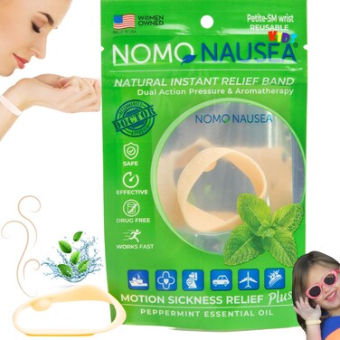 NOMO Child Motion Sickness Bracelet Nausea Sea Bands Kids   Travel Sickness Wrist Bands with Peppermint &amp; Acupressure Car Sick Bands   30-Second Nausea Relief   Petite to Small   Tan   Pack of 2