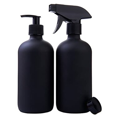 Black Boston Round Glass Bottles, 16oz   Glass Spray Bottle &amp; Soap Dispenser   Reusable for Cleaning &amp; More   Set of 2