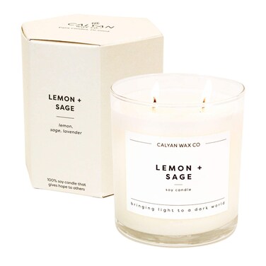 Calyan Wax Co. 2 Wick Candle, Lemon + Sage Scented Candle, 37 Hour Burn Time, Aromatherapy Soy Candles, Non Toxic &amp; Vegan Soy Wax, Glass Tumbler Scented Candles, 12.5oz