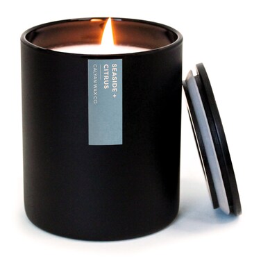 Calyan Wax Co. Soy Wax Candle, Seaside + Citrus Scented Candle, 75 Hour Burn Time, Aromatherapy Soy Candles, Non Toxic &amp; Vegan Soy Wax, Black Tumbler Scented Candles, 13oz