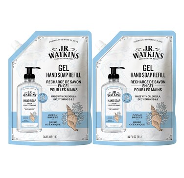 J.R. Watkins Gel Hand Soap Refill Pouch, Scented Liquid Hand Wash for Bathroom or Kitchen, USA Made and Cruelty Free, 34 fl oz, Ocean Breeze, 2 Pack