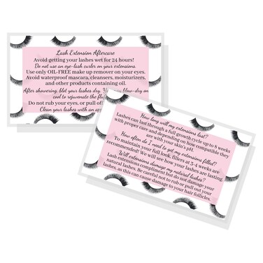 Lash Extension Aftercare Instructions Cards   Package of 50   Eye Lashes with Pink Inlay Design Double Sided Size 3.5 x 2" inches After Care (3-4 Week Fillers)