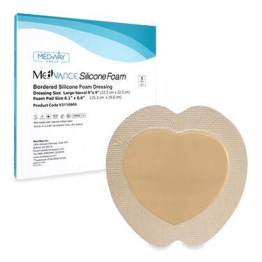 MedVance TM Silicone - Sacral Bordered Silicone Adhesive Foam Wound Dressing, Bed Sore Treatment Bandage for Sacrum, Size 9"x 9" (6.1" Pad x 6.6" Pad), Box of 5 dressings