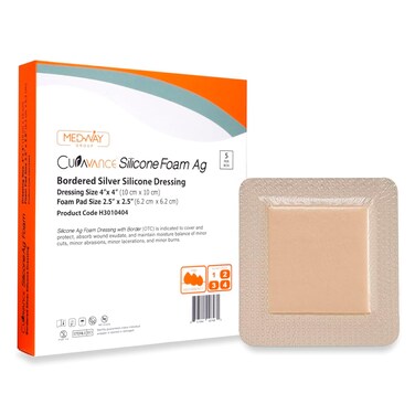 MedVance Bordered Silver Silicone Ag Sterile Absorbent Antibacterial Dressing, 4"x 4" (2.5"x 2.5" Pad), 5 dressings/Box, 5 Count (Pack of 1)