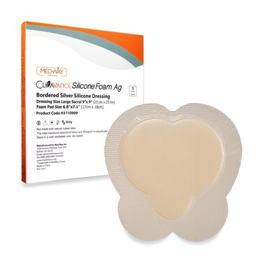 MedVance Bordered Silver Silicone Ag Sterile Highly Absorbent Antibacterial Dressing, Sacral, Sacrum, 7"x 7" (4.9" x 4.7" Pad) 5 dressings, 5 Count (Pack of 1)