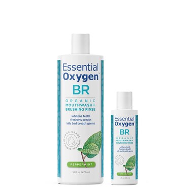 Essential Oxygen, Certified Organic Brushing Rinse, Combo, Peppermint, All Natural mouthwash, Dentist Recommended, Alcohol-Free Oral Care, 1 - 3 fl oz bottle and 1 - 16 fl oz bottle, BR (Pack of 2)