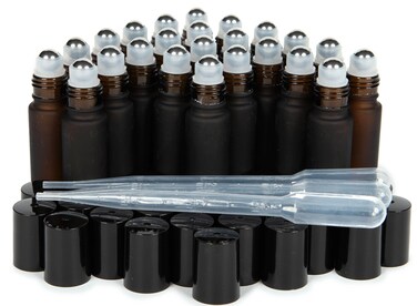 Vivaplex, 24, Frosted Amber, 10 ml Glass Roll-on Bottles with Stainless Steel Roller Balls. 3-3 ml Droppers included