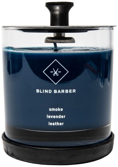Blind Barber Tompkins Scented Candle - Long Lasting Soy Wax Man Candle in Barber Style Glass Jar with Notes of Leather, Smoke &amp; Lavender - 40 Hour Burn Time (6.2 Ounce)