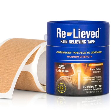 4% Lidocaine Maximum Strength Pain Relief Kinesiology Tape - Relieves Back, Joints and Muscle Pains - Superior Sticking, Aluminum-Free Water Resistant, and USA Made - 2" x 10" Strips