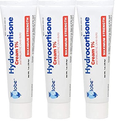 Globe (3 Pack Hydrocortisone Maximum Strength Cream 1%, Anti-Itch Cream for Redness, Swelling, Itching, Rash, Bug/Mosquito Bites, Eczema, Hemorrhoids &amp; More