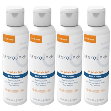 Kenkoderm Psoriasis Shampoo with 3% Salicylic Acid, 4 Oz, 4 Bottles, Therapeutic Seborrheic Dermatitis &amp; Anti Dandruff Shampoo, Dermatologist Developed for Itchy, Dry Scalp, Fragrance &amp; Color Free