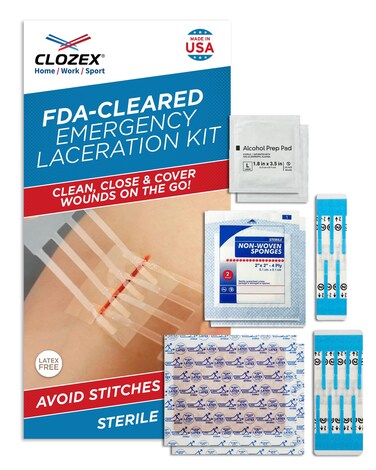 Clozex Complete Emergency Laceration Kit - Repair Wounds Without Stitches, FSA HSA Eligible Skin Clean Cover Closure Device for 2 Individual Or Combine for 2 1/2 in. Length