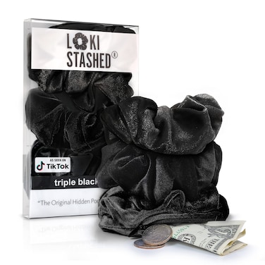 3-PACK Velvet Hair Tie Scrunchies for VSCO Girls &amp; Women, THE ORIGINAL HIDDEN POCKET SCRUNCHIE with Zipper Pocket Storage, Accessories, Small Items, Keys, Money (Triple Black Set)