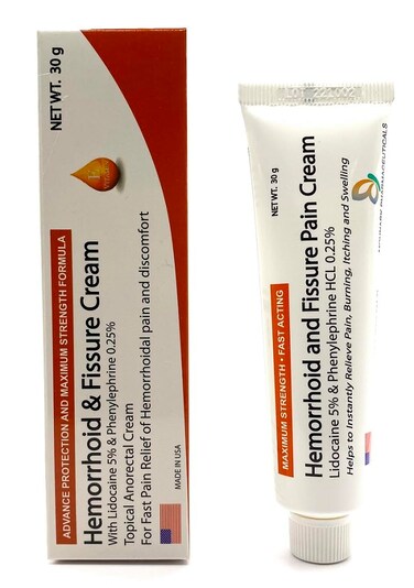 Maximum Strength Lidocaine 5% Plus 0.25% Phenylephrine HCL, Advanced Hemorrhoid &amp; Fissure Cream for Fast Acting Relief of Swelling, Discomfort, and Itching.