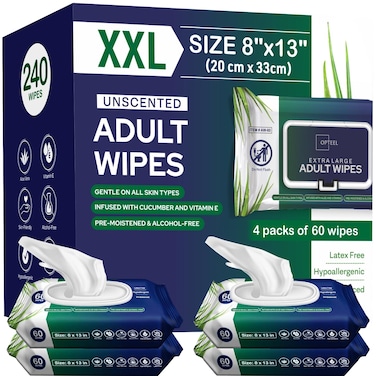 Adult Wipes For Elderly - 8"x13" 240ct (4 Packs of 60) Huge &amp; Soft Non-Flushable Body Wipes for Adults Bathing No-Rinse - Incontinence Disposable Washcloths, Vitamin E &amp; Aloe Infused Shower Wipes.