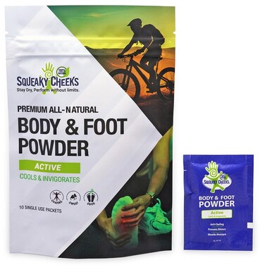 Squeaky Sticks -Active Blend, Talc-Free, All Natural Convenient Single-Use Powder Sachets for Travel, Outdoors &amp; On-the-Go Freshness Relief from Chafing Sweat and Odor (6g X 10 pack)