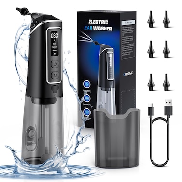 ONLYCARE Electric Ear Wax Removal Kit - 3 Pressure Modes LED Display Water Powered Ear Cleaner with 6 Reusable Replacement Tips - Rechargeable Ear Irrigation Flushing System Earwax Cleaning Tool