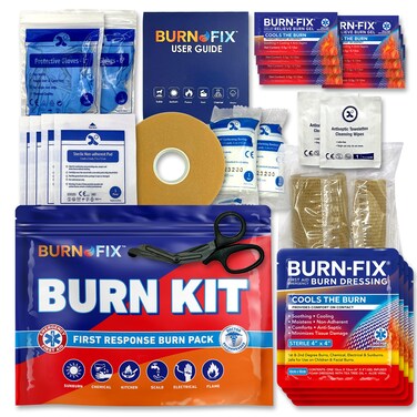 BurnFix Burn Kit First Aid Recommended by Doctors, Comprehensive 25pcs First Aid Kit Includes Burn Gel, Burn Dressing, Gloves, Scissors, Wipes for Quick Burn Relief - Sunburn, Electrical, Flame Burns