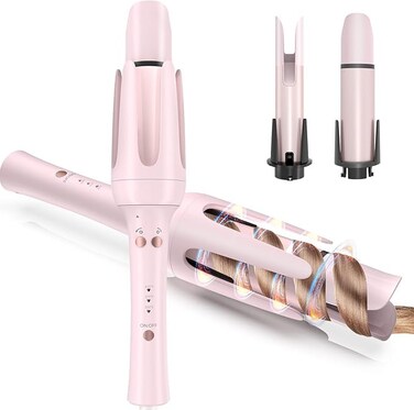 Automatic Curling Iron, Hair Waver with Anti-Tangle &amp; Auto-Off, Hair Curler Replaceable Curling Wand with 2 Sizes Barrel (1", 1.25") &amp; 3 Temps, Double Voltage Rotating Curling Iron (Pink, Medium)