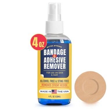 Sting-Free Adhesive Remover - 4 oz Gentle &amp; Pain-Free Bandage, Strong Adhesive Remover - Ideal for Sensitive Skin, Sports Tape, Dialysis Ports, Continuous Blood Glucose Monitoring, Colostomy Bag Care