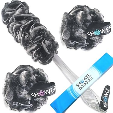SHOWER BOUQUET Loofah-Charcoal Back-Scrubber &amp; Bath-Sponge Set // 1 Long-Handle-Back-Brush Plus 2 Extra Large 75g Soft Mesh Loofa-Lufa-Loufa Puff Poufs, Men &amp; Women - Exfoliate with Full Pure Cleanse