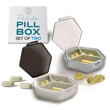 Petite Pill Box Set - Stylish Compact Daily Pill Organizer, Medication Pill Case, Pill Container for Vitamin Management, Travel Essentials for Women/Men - Set of 2, Blanc &amp; Platinum