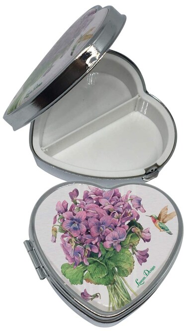 Lissom Design Pill Boxes - Small Pillbox for Purse or Pocket, Travel Organizer for Medicine or Jewelry, 2-Compartments, Sweet Violets - Heart Shaped