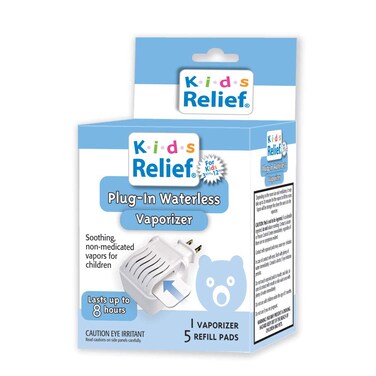 Kids Relief Plug-in WATERLESS Vaporizer with 5 Soothing Non-Medicated Menthol Eucalyptus Vapor Refill Pads, 1 ct