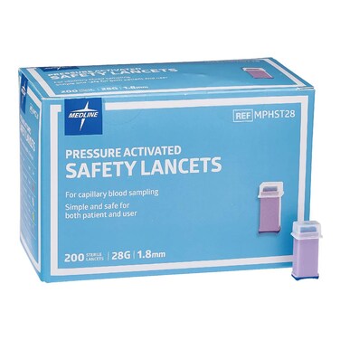 Medline Sterile Safety Lancets, Pressure Activation, Blood Glucose Testing, Controlled Penetration, 28G X 1.8 Mm, 200 Count
