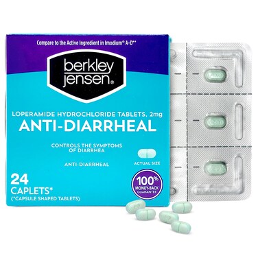 berkley jensen Anti-Diarrheal Medicine - Loperamide Hydrochloride 2 mg Diarrhea Relief Caplets - Control Symptoms of Diarrhea Including Travelers' Diarrhea, Easy-to-Swallow Anti-Diarrhea Pills, 24 Ct