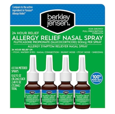 berkley jensen 24-Hour Allergy Relief Nasal Spray, Fluticasone Propionate (Glucocorticoid), 50 mcg, Full Prescription Strength, Non-Drowsy, 4 Bottles x 144 Metered Sprays, 0.62 Fl OZ per Bottle