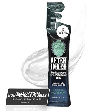 After Inked Tattoo Aftercare Non-Petroleum Jelly - With Grape Seed Oil, Essential for Tattoo Kit, PMU &amp; Piercing Aftercare - Multipurpose Ointment - 7g Reclosable Packet (10-Pack)
