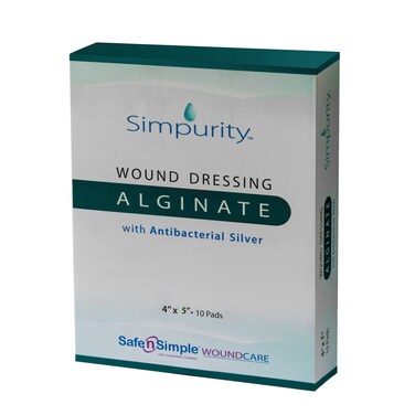 Alginate Wound Dressing First Aid with Antimicrobial Silver, 4" x 5", Box of 10 - Calcium Alginate Dressing