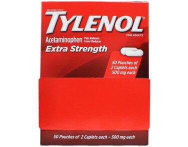 Tylenol Extra Strength Acetaminophen Individually Wrapped Medication, 50 Doses of Two Tablets, 500mg