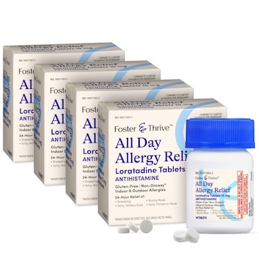 Foster &amp; Thrive Loratadine 10mg, 24-Hour Allergy Relief Tablets, 360 Tablets, Non-Drowsy Pills, Indoor &amp; Outdoor Allergies, Antihistamines for Children &amp; Adults, Loratadine Decongestant 90 (Pack of 4)