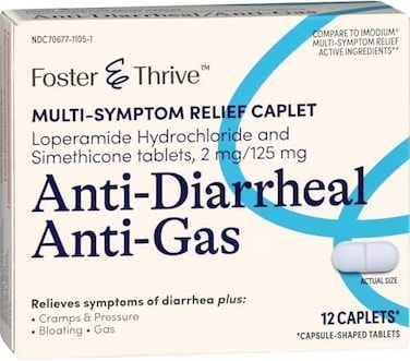 Foster &amp; Thrive Loperamide Hydrochloride and Simethicone Anti-Diarrheal Anti-Gas Multi-Symptom Relief, 48 Caplets, Treatment of Diarrhea, Gas, Bloating, Cramps &amp; Pressure, 12 Caplets (Pack of 4)