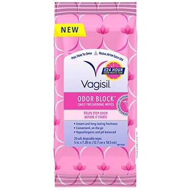 Vagisil Odor Block Daily Freshening Wipes for Feminine Hygiene in Resealable Pouch, Gynecologist Tested &amp; Hypoallergenic, 20 Wipes (Pack of 1)