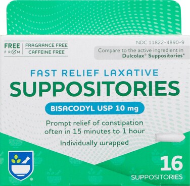 Rite Aid Fast Relief Laxative Suppositories, Bisacodyl USP, 10mg - 16 Count   Stimulant Laxative   Constipation Relief   Works in 15 Minutes to 1 Hour   Relief of Constipation   Laxative Suppository