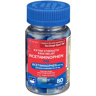 Rite Aid Extra Strength PM Pain Relief Gelcaps, 500 mg Acetaminophen / 25 mg Diphenhydramine - 80 Count   Nighttime PM Pain Reliever + Sleep Aid   Arthritis Pain Relief   Menstrual Pain Relief