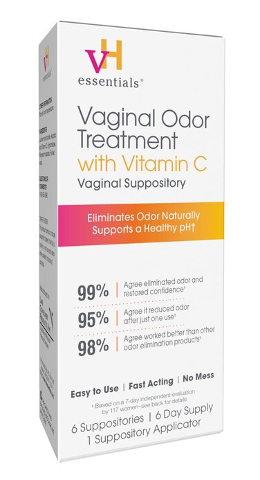 vH essentials Vaginal Odor Treatment with Vitamin C, Boric Acid Suppositories Alternative, Supports Balanced pH, Eliminates Naturally, Suppositories, 6 w/Applicator, White