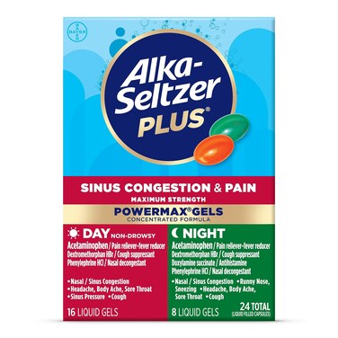 Alka-Seltzer Plus Maximum Strength PowerMax Sinus Congestion &amp; Pain Medicine, Day + Night Liquid Gels - Powerful Relief for Cold and Flu, + Sinus Congestion for Adults and Children 12+ Years, 24 Count