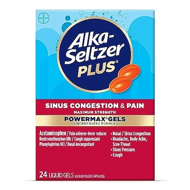 Alka-Seltzer Plus Maximum Strength PowerMax Sinus Congestion and Pain Liquid Gels - Nasal Decongestant, Cough Suppressant, and Pain Relief for Adults and Children 12 Years and Older, 24 Count